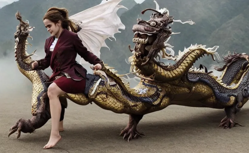 Prompt: Emma Watson riding a Chinese dragon