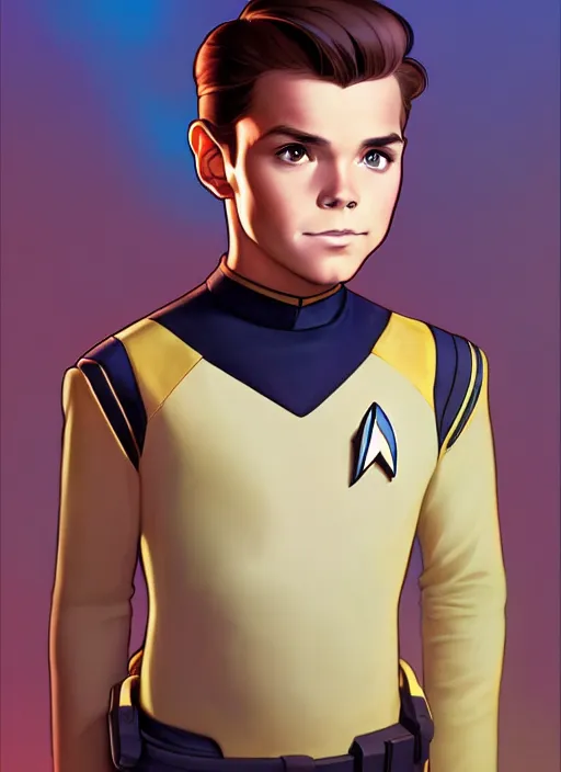 Prompt: cute star trek officer romeo beckham, natural lighting, path traced, highly detailed, high quality, digital painting, by don bluth and ross tran and studio ghibli and alphonse mucha, artgerm