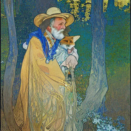 Prompt: landscape painting of an old man and his fox in the forest, by alphonse mucha and gustav klimt and antoni gaudi, masterpiece,, warm shades of blue, silver, orange, gold, and pink