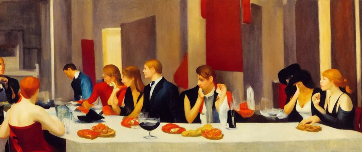 Image similar to an edward hopper painting of a young gen z group of friends having wine at a dinner party