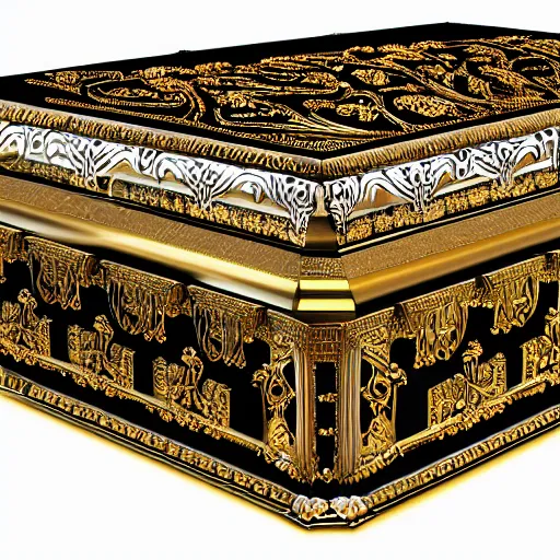 Prompt: Ornate Embellished Casket with Ancient Mummy King rising out Treasure Jewels Coins Fantasy Art