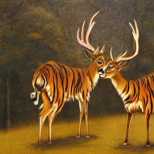 Prompt: a painting of deer and tiger facing each other, their heads bowed towards ground by esao andrews