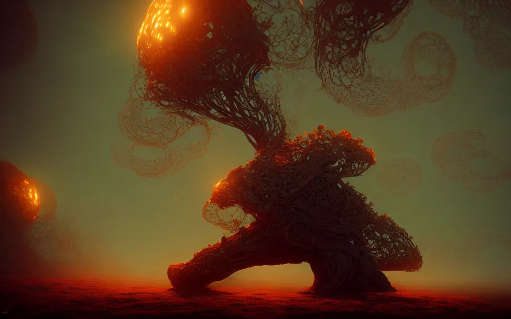 Image similar to the soul crushing weight of unlived dreams inflicts pain on the mind, intricate detailed illustration, fractal, cinematic lighting, wide angle, volumetric light scattering, bioluminescent, 8k, artstation, concept art, octane render, sunset