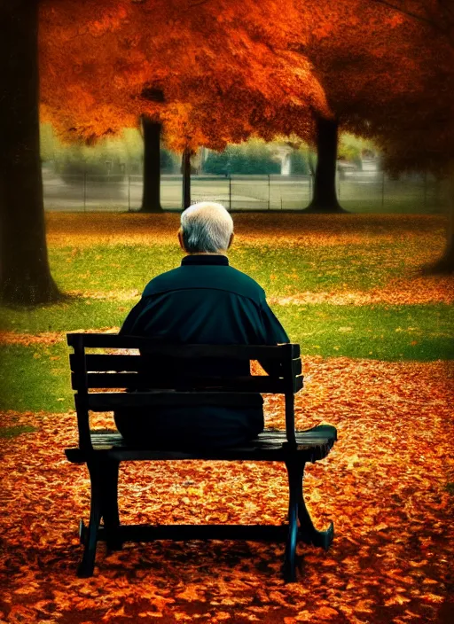 Image similar to conceptual photography portrait of an old man on a park bench fading into nothing, autumn tranquility, forgetfulness, fading to dust and leaves, oblivion, inevitability, aging, surreal portrait, moody, deep oranges and browns, color toning, hopeless, 4 k