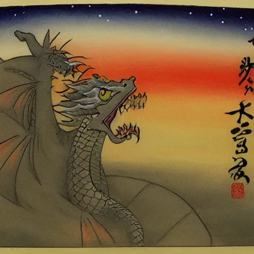 Prompt: Snow-white dragon Haku frolics in the sunset sky, Japanese painting, pastel colors