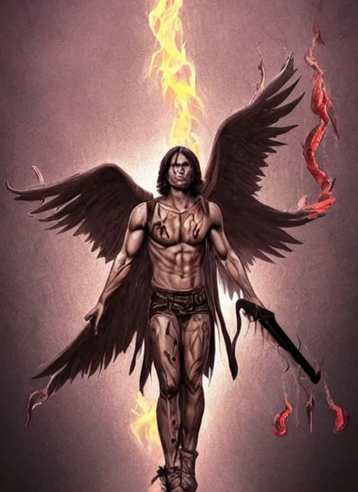 Image similar to Sam Winchester as a half-muscular half-blood angel with a big cross pendant and religious tattoos on chest and neck, stained and bleeding, magic overlays, magic flames, open portal with runes in the background, romance book cover style, D&D illustration style, (octane render) fantasy style, sharp focus, ultra detailed, art by Artgerm and Peter Andrew Jones, Ayami Kojima, Amano and Olivier Ledroit