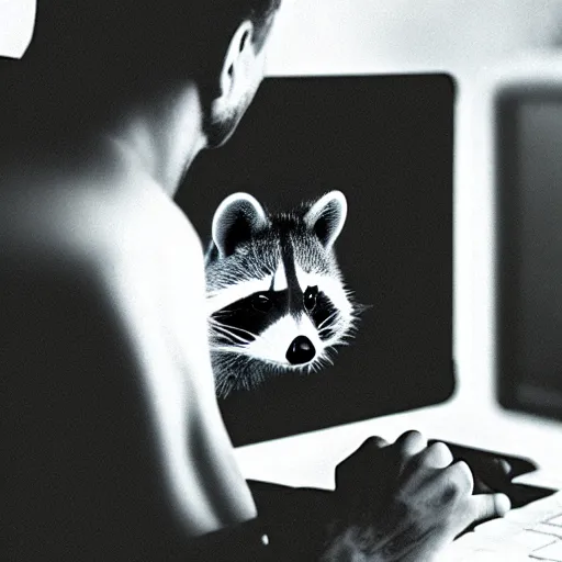 Image similar to photograph of a racoon using a computer, filmic, cinematographic
