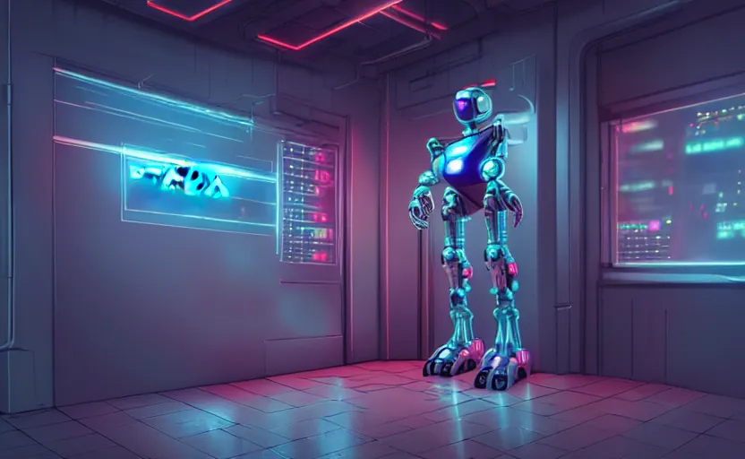 Prompt: high detailed robot, staying in front of data center room, 1 6 mm, high detail, cold neon light, cinematic colors, sharp, trending on artstation