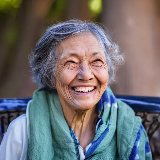 Prompt: an old woman smiling while sitting on a bench in a park, (EOS 5DS R, ISO100, f/8, 1/125, 84mm, postprocessed, crisp face, facial features)