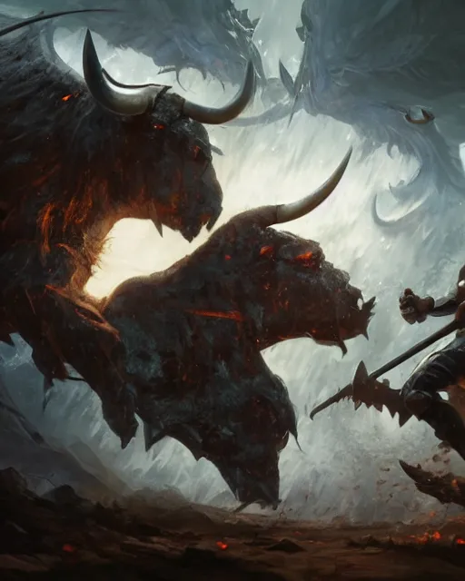 Image similar to a scene from an epic battle between bulls , magic the gathering artwork, D&D, fantasy, cinematic lighting, centered, symmetrical, highly detailed, digital painting, artstation, concept art, smooth, sharp focus, illustration, volumetric lighting, epic Composition, 8k, art by Akihiko Yoshida and Greg Rutkowski and Craig Mullins, oil painting, cgsociety