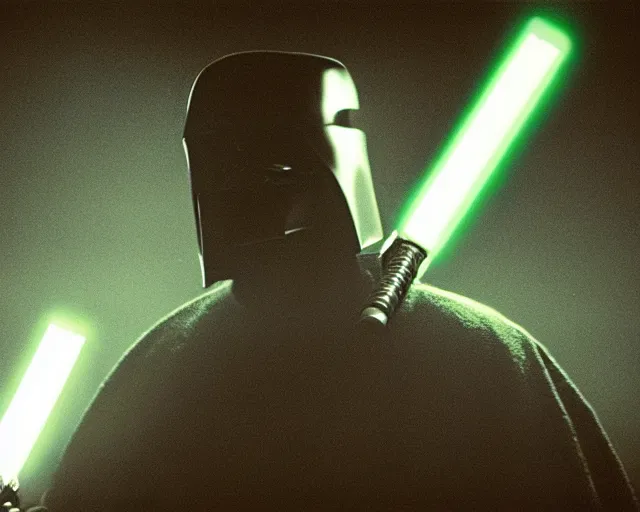 Image similar to a high definition photograph of Kanye West seriously holding a lightsaber, in moody lighting, high contrast, dark shadows