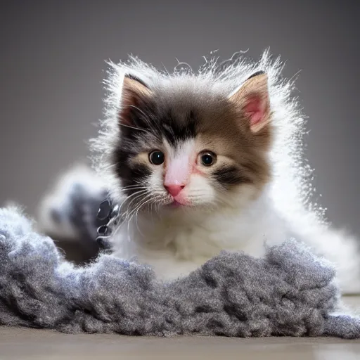 Image similar to a very happy and fluffy kitten wearing knitted clothes playing with a ball of yarn, award-winning photograph, depth of field, 8K UHD