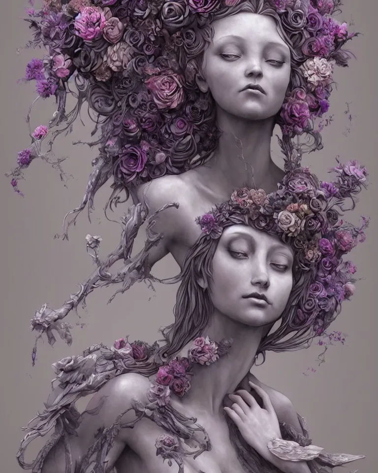 Image similar to a sculpture of a gorgeous etherial female, made of mist, made of flowers, Andrew Ferez, Charlie Bowater, Marco Mazzoni, Seb McKinnon, Ryohei Hase, lovecraftian, cosmic horror, trending on cgsociety, featured on zbrush central, grotesque, vanitas, new sculpture, mystical