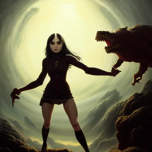 Image similar to highly detailed painting of sasha grey fighting a looming demigod, dramatic, sense of scale, stephen bliss, unreal engine, greg rutkowski, ilya kuvshinov, ross draws, hyung tae and frank frazetta, tom bagshaw, tom whalen, nicoletta ceccoli, mark ryden, earl norem, global illumination, god rays, windswept