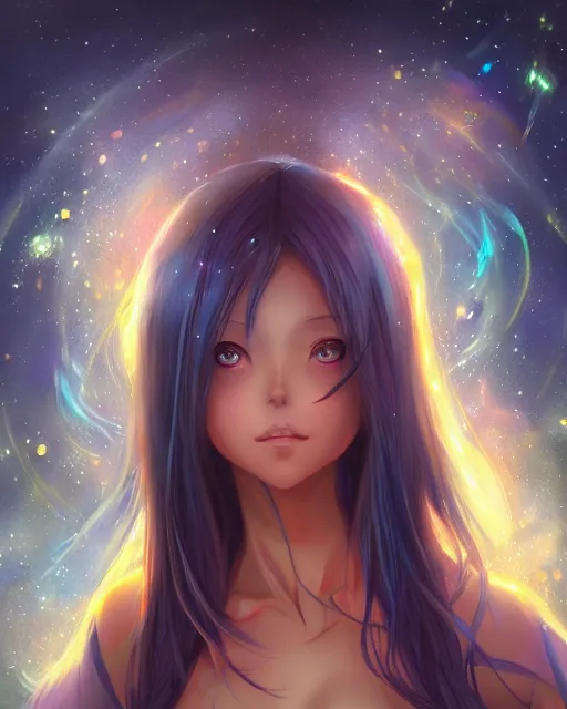 Image similar to A realistic anime portrait of a beautiful cosmic woman with glowing blue eyes and cosmic skin wearing clothes made of universes, digital painting, by Stanley Artgerm Lau, Sakimichan, WLOP and Rossdraws, digtial painting, trending on ArtStation, SFW version