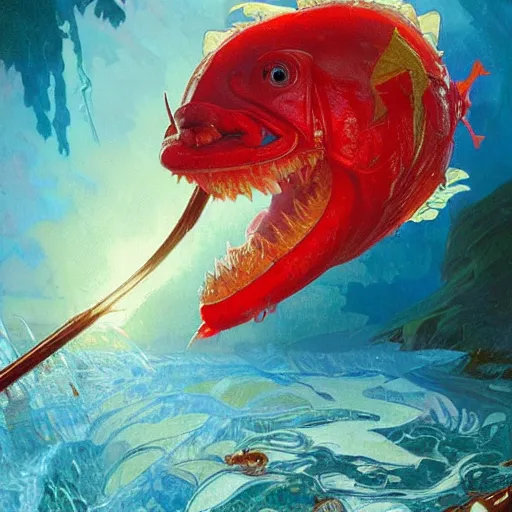 Prompt: a very angry Swedish Fish, by Stanley Artgerm Lau , greg rutkowski, thomas kindkade, alphonse mucha, loish, Norman Rockwell
