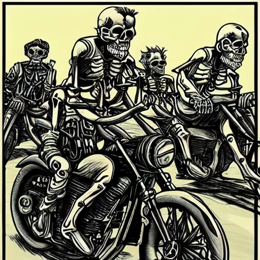 Prompt: outlaw bikers, as skeletons