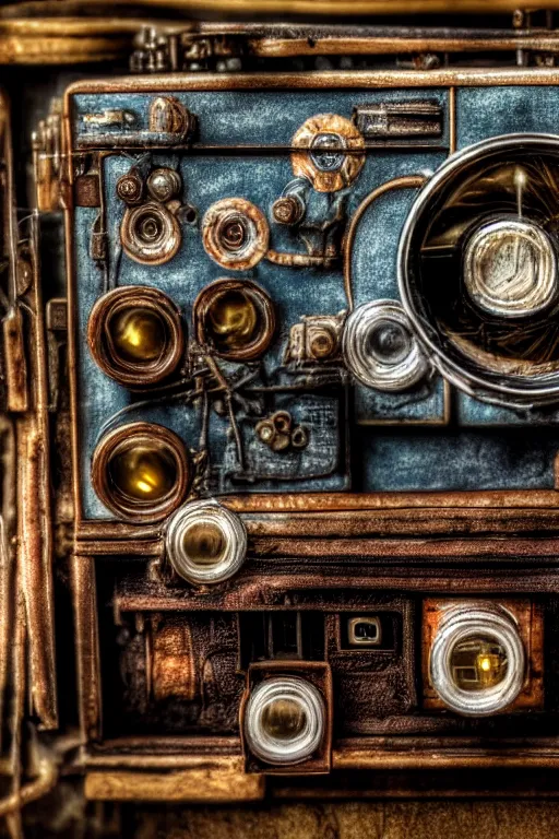 Prompt: A photo of an antique opened camera with film, vacuum tubes, capacitors and coils inside by Annie Lebovitz and Steve McCurry, grungy, weathered Ultra detailed, hyper realistic, 4k