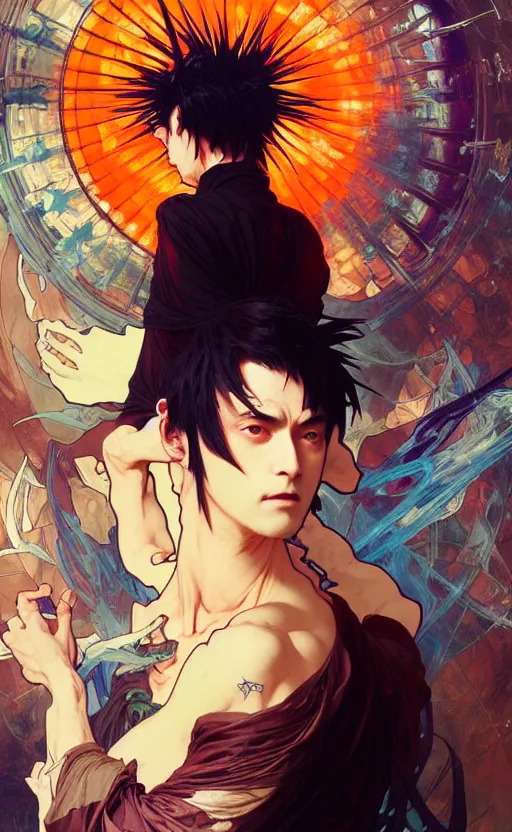 Image similar to a mad guy with spike black hair, orange spike aura in motion, damaged japanese clothes, floating pieces, painted by art by tsuyoshi nagano, greg rutkowski, artgerm, alphonse mucha