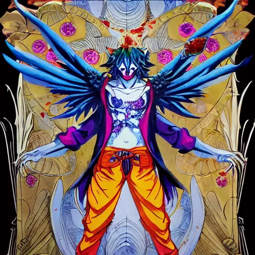 Image similar to 4 k headshot of godlike jester with defined arms and open hands and bloody clothes with giant mandala wings, intricate face, flawless anime cel animation by kentaro miura, psychedelic, highly detailed upper body, professionally post - processed, beautiful, scary, symmetry accurate features, epic, octane rendered, anime masterpiece, accurate