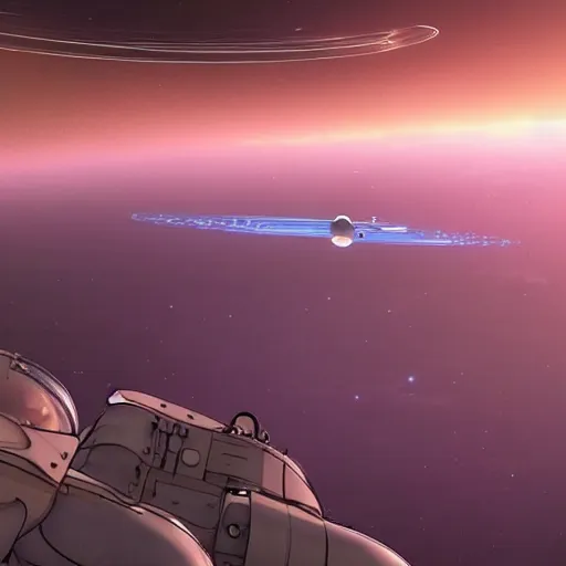 Prompt: a spacecraft moving towards earth by moebius and makoto shinkai, cinematic composition