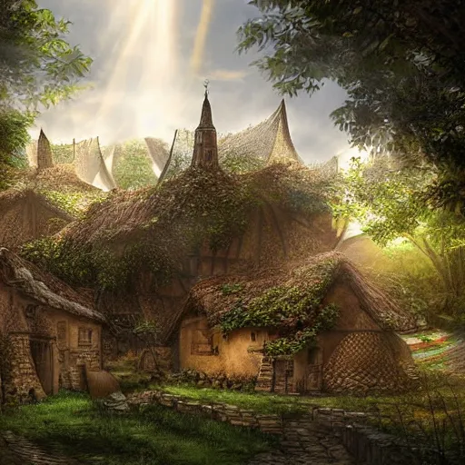 Prompt: A village under a medieval biodome, digital art, sunrays