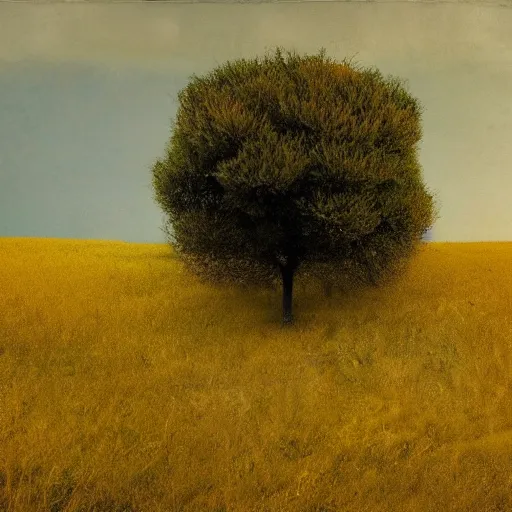 Prompt: lone tree on hill by cy Twombly and BASTIEN LECOUFFE DEHARME, evening light, warm light, yellow grass