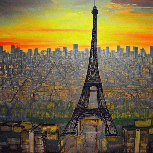 Prompt: decrepit eiffel tower in the foreground, a post apocalyptic paris cityscape after a nuclear war, beautiful radioactive sunset lighting, beautiful painting, fallout