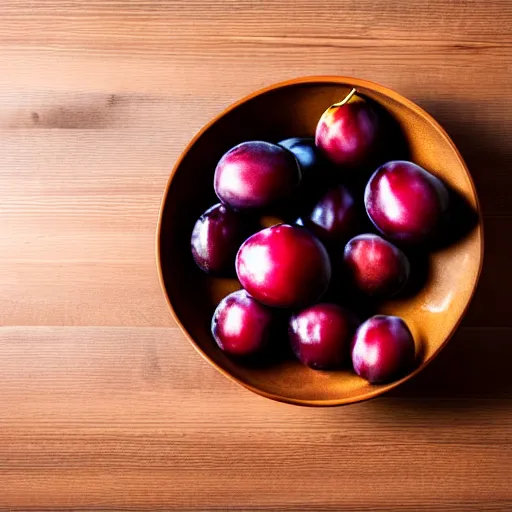 Image similar to photo of a thick porcelain bowl filled with a few moist freshly picked plums on a wooden table. volumetric lighting. 4 k. small scale. realistic.