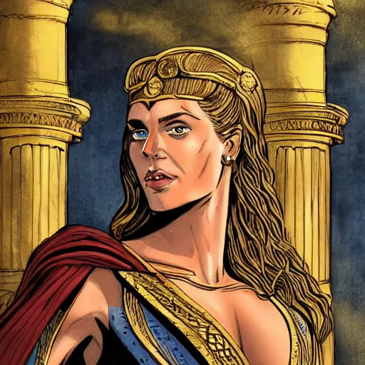 Prompt: Portrait of Queen Hippolyta of Themyscira, a tall, beautiful dignified woman with tanned skin, long blonde hair, and blue eyes, dressed in hellenistic Greek armour, in the background is the interior of temple, concept art, graphic novel,