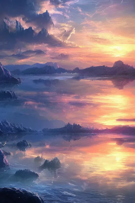 Prompt: digital painting of a sunset over a body of water, digital art by stephan martiniere, trending on artstation, fantasy art, apocalypse landscape, apocalypse art, speedpainting