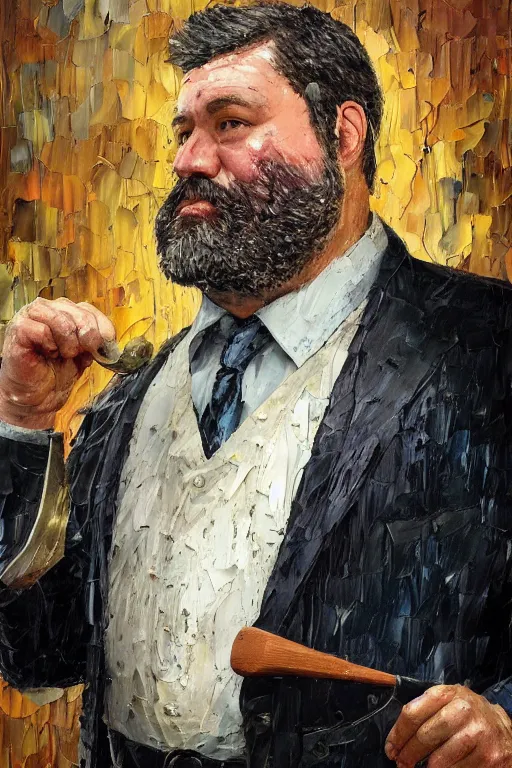 Image similar to palette knife oil painting of professor clay, middle - aged, thickset, barrel chest, voluminous, salt - and - pepper beard. eyes smolder like embers. dress shirt and suspenders, sleeves rolled, tie loosened. extreme detail. artstation trending, artgerm, deviant art, octane, substance, art history 8 k