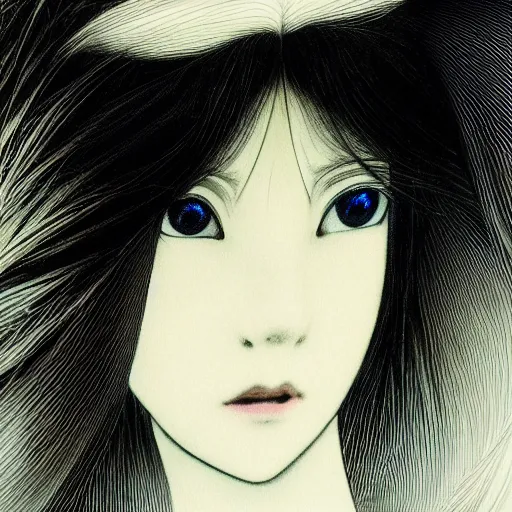 Image similar to yoshitaka amano blurred and dreamy illustration of an anime girl with black eyes, wavy white hair fluttering in the wind wearing elden ring armor and engraving, abstract black and white patterns on the background, noisy film grain effect, highly detailed, renaissance oil painting, weird portrait angle, blurred lost edges, three quarter view