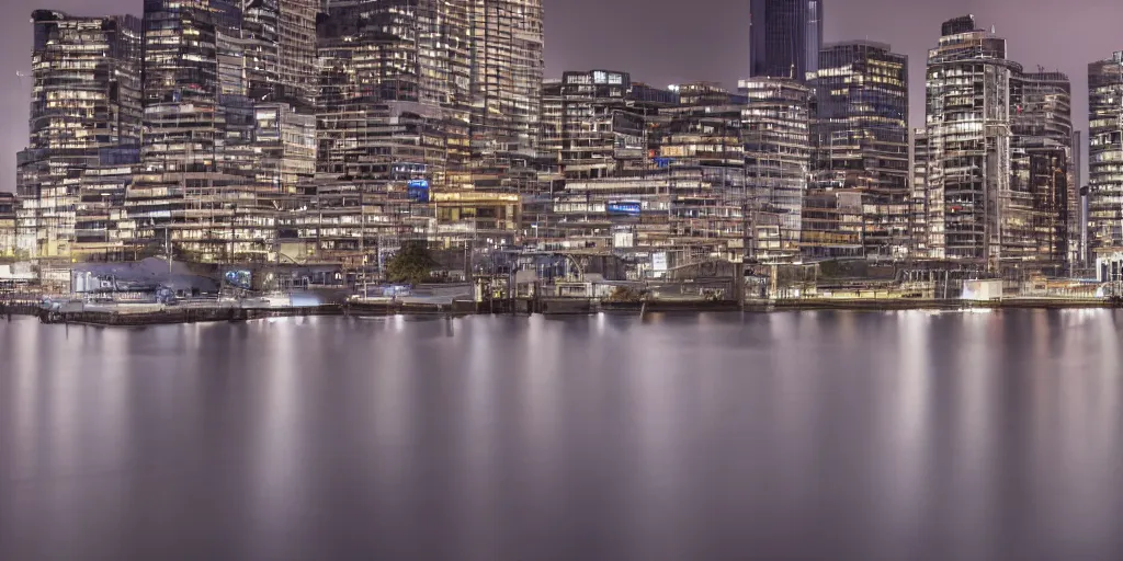 Prompt: high quality night photograph of docklands in london, dimly lit cirrus clouds, long exposure, architecture photography, ultrawide image