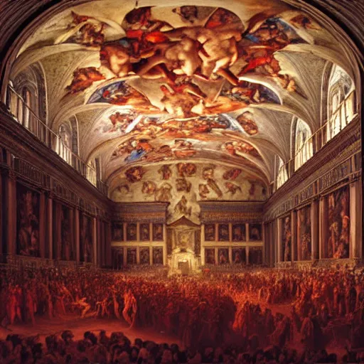 Image similar to the sistine chapel's ceiling is broken is half as a red magical portal from hell opens up, lucifer morningstar emerges along with a few demons, the priests and the pope look at the scene with terror in their eyes. highly detailed painting by gaston bussiere, greg rutkowski, craig mullins 8 k