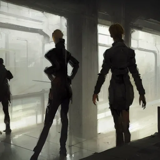 Prompt: concept art by greg rutkowski, a very tall, and slender woman with blond hair, talking with a very tall and slender mand with short black hair, brutalist futuristic interior, dark lighting atmosphere, detailed portraits, nostalgic atmosphere, scifi, digital painting, artstation, concept art, smooth, sharp foccus ilustration, artstation hq