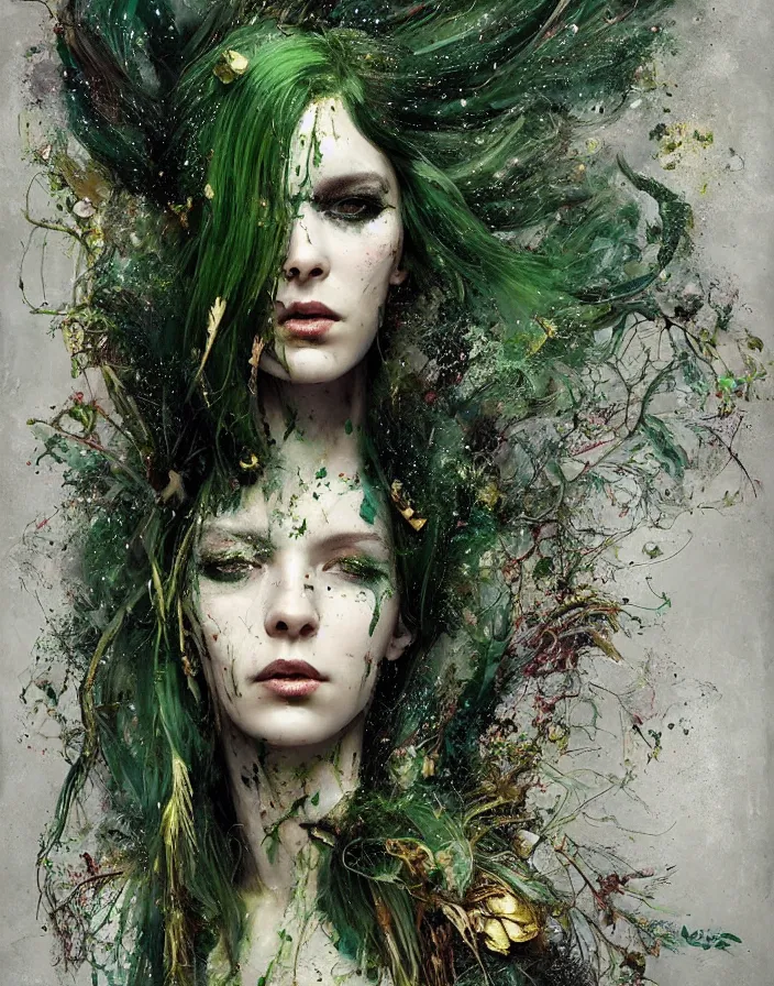 Image similar to a splatterpunk portrait of a gorgeous woman with eldritch woven hair and green and gold twigs and feathers for hair, with green glossy lips, hyperrealistic, award-winning, in the style of Tom Bagshaw, Cedric Peyravernay