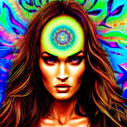 Image similar to an extremely psychedelic portrait of megan fox, surreal, lsd, face, detailed, intricate, elegant, lithe, highly detailed, digital oth, sharp focus, illustration,