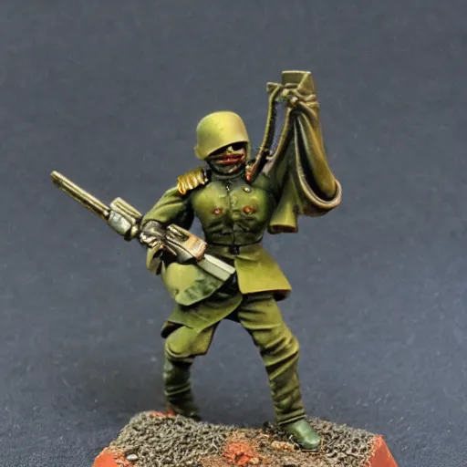 Image similar to an excited Death Korps of Kreig soldier wearing grey and wielding a shovel