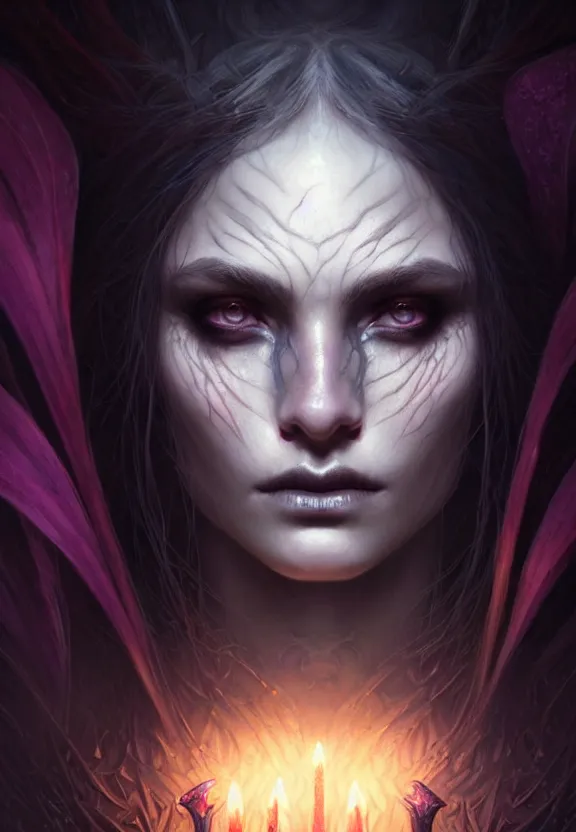 Image similar to Necromancer Sorceress face close-up macro in center, fantasy magic, undercut hairstyle, dark light night, intricate, elegant, sharp focus, illustration, highly detailed, digital painting, concept art, matte, art by WLOP and Artgerm and Greg Rutkowski and Alphonse Mucha, masterpiece