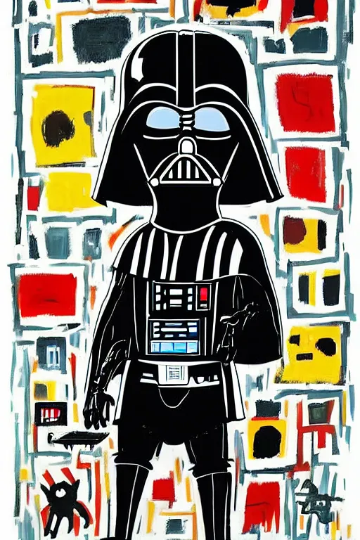 Image similar to an illustration of darth vader watching tv in the style of basquiat by margaret wise brown