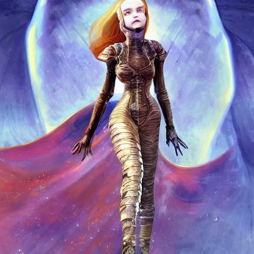 Prompt: Elle Fanning in the painted futurist world of Dark Souls, head and shoulders masterpiece, apocalypse, golden hour, cosmic horror, artstation, in the style of Futurism, extremely detailed