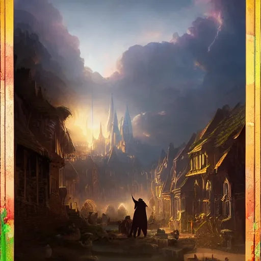 Image similar to wizard casting a powerful spell on a village, beautiful composition, wide angle, colorful, cinematic, volumetric lighting, intricate details painting, by art germ, by greg rutkowski