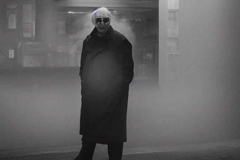 Image similar to an ultra realistic cinematic headshot portrait of an evil scientist, stood outside a corner shop, foggy, colour, detailed, deep focus, movie still, dramatic lighting, by fay godwin