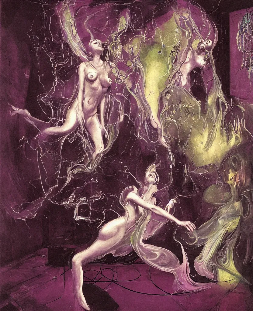 Prompt: Realistic detailed image of one woman sirene bouncing in a living room of a house, floating dark energy surrounds the middle of the room. There is one living room plant to the side of the room, surrounded by a background of dark cyber mystic alchemical transmutation heavenless realm, cover artwork by francis bacon and Jenny seville, midnight hour, part by adrian ghenie, part by jeffrey smith, part by josan gonzales, part by norman rockwell, part by phil hale, part by kim dorland, artstation, highly detailed