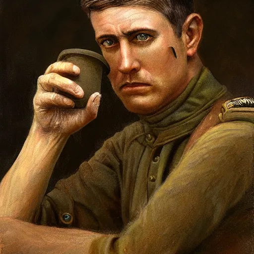 Image similar to a detailed photorealistic sepia - toned color portrait painting of a 1 9 1 7 worried clean - shaven british lieutenant in field gear in north arabia examining an ancient cylindrical clay jar, ultra realistic, intricate details, atmospheric, dark, horror, brooding, highly detailed, by clyde caldwell