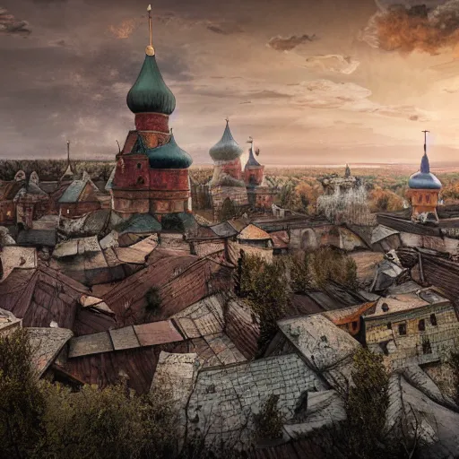 Prompt: photo ancient Slavic Russian city of Kitezh, concept art, magical city, fantasy cityscape, ancient Slavs, wooden buildings, ancient Russian architecture, terem, hyperborea, top cinematic lighting , cinematic mood, very detailed, shot in canon, 8k, high resolution