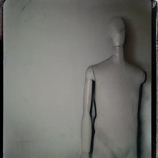 Prompt: a buzzard mannequin in a dark room, abandoned, creepy, eerie, scary, old polaroid, expired film, out or focus,