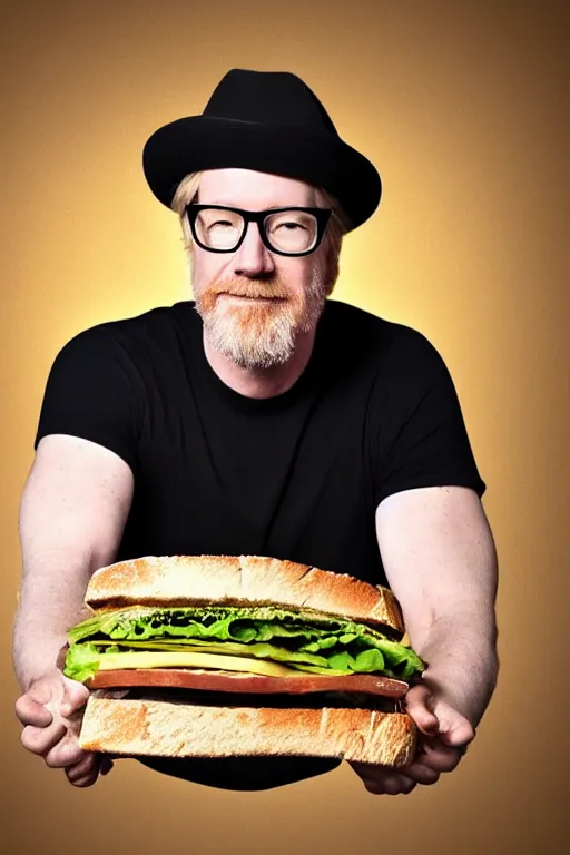 Image similar to 📷 portrait of adam savage the sandwich, made of food, still image, dynamic lighting, 4 k