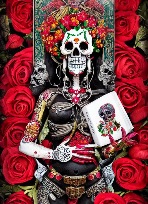 Image similar to mexican masterpiece of a skull faced Santa muerte with a book in her hand and surrounded by red flowers and ak45 as offers,+ no crop, visionary art, extremely high detail, realistic, octane render, post processed,